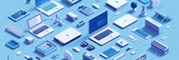 Illustration of various digital devices like laptops, tablets, and accessories arranged on a blue background in a connected network layout.